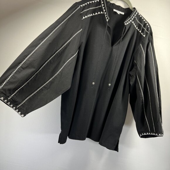 Chicos Top Blouse XL Solid Black White Embroidered Balloon Sleeve Bohemian - Picture 4 of 8